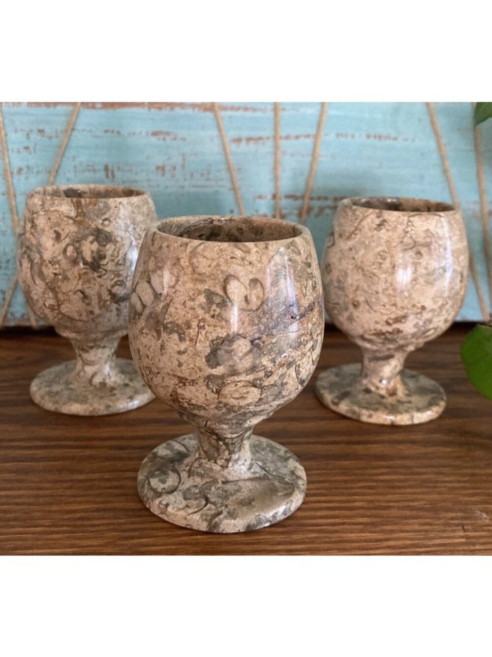 Set Of 3 Fossil Stone Jasper 3” Goblet Cordials Shot Glasses Fossils